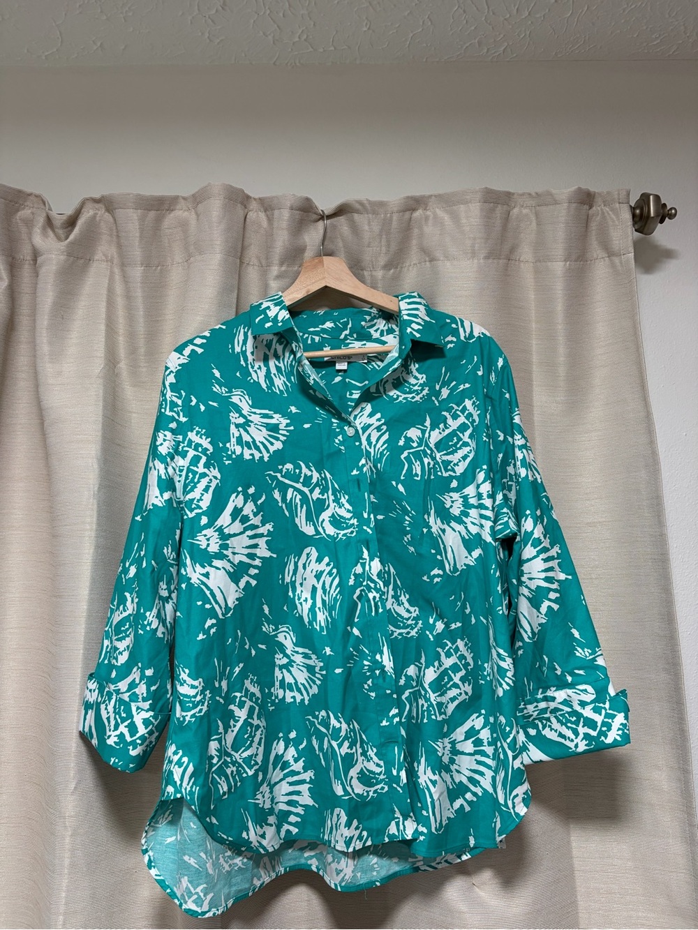 Chico's Teal and White Abstract Print Button-Down Shirt